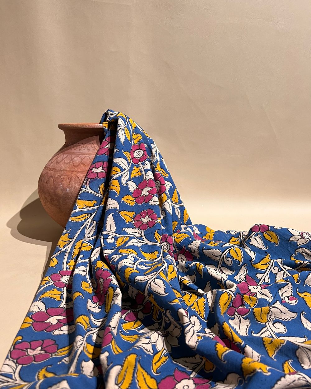 Hand Block Printed Cotton Kalamkari Sky-Blue Colour 46 Inches Width