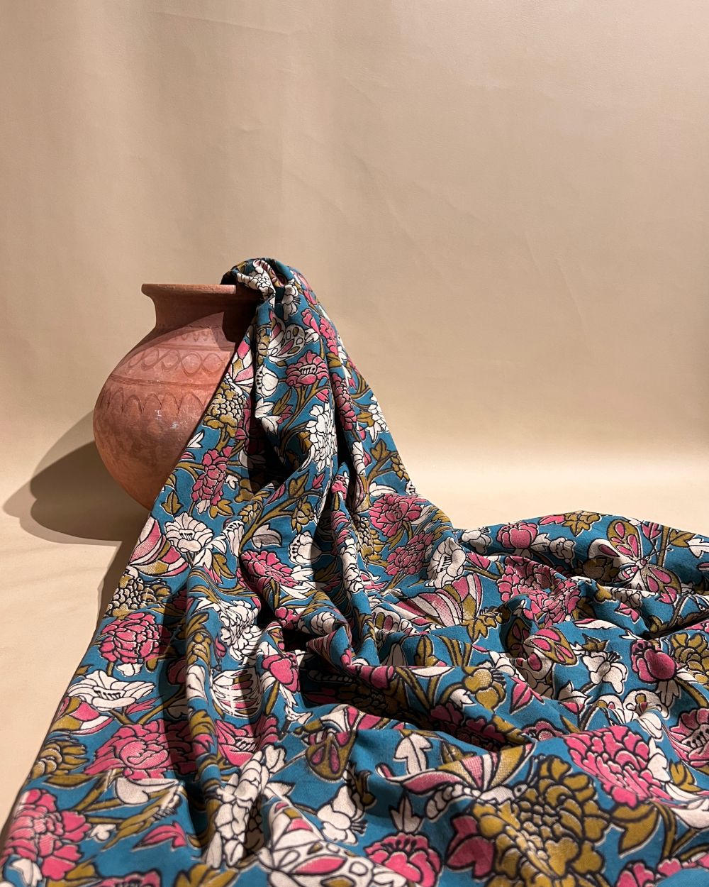 Hand Block Printed Cotton Kalamkari Sky-Blue Colour 46 Inches Width