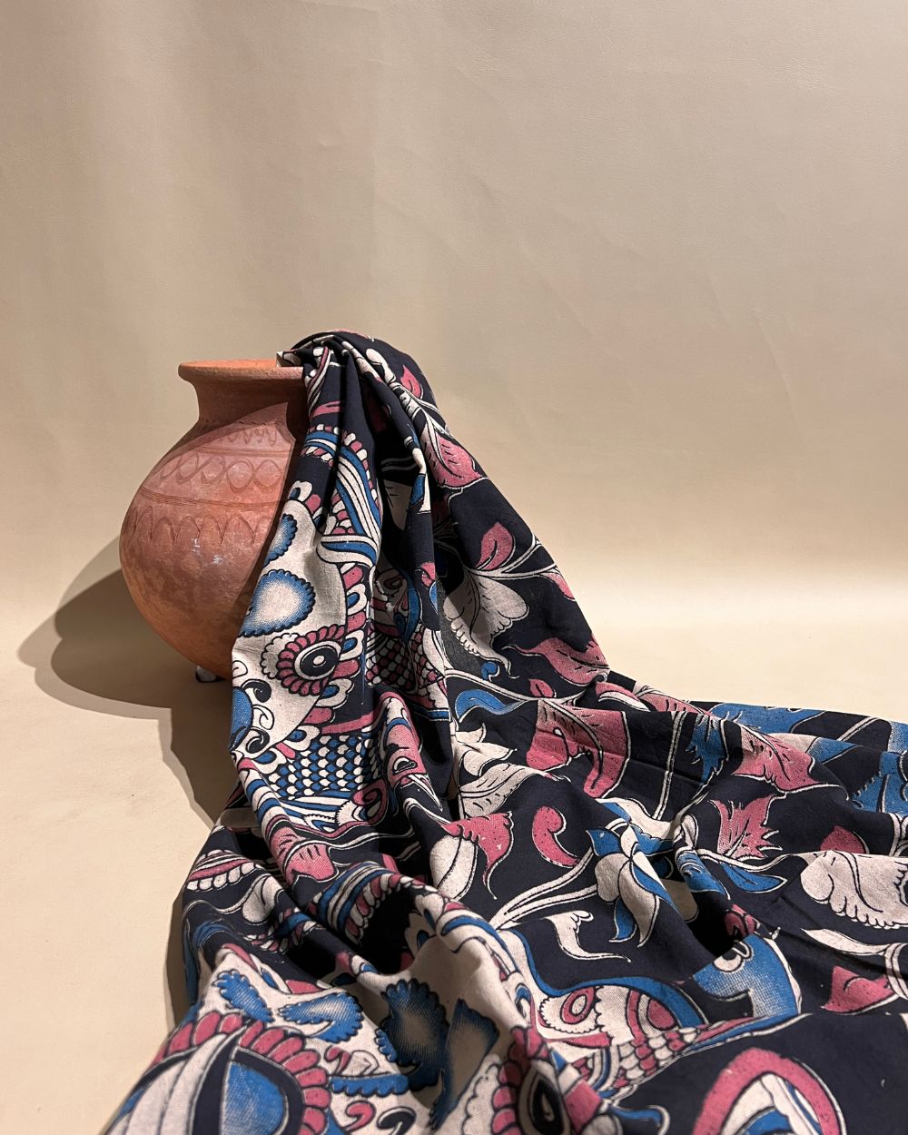 Hand Block Printed Cotton Kalamkari Black Colour 46 Inches Width