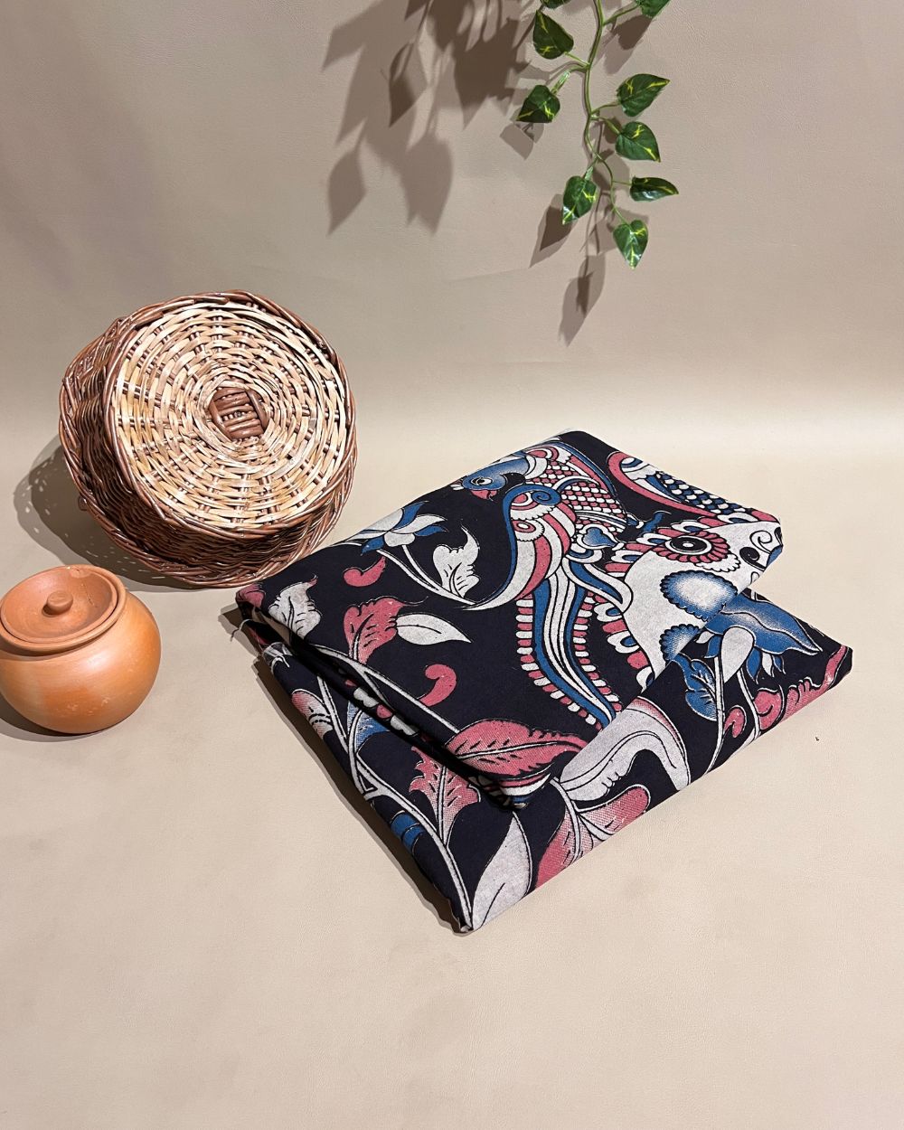 Hand Block Printed Cotton Kalamkari Black Colour 46 Inches Width