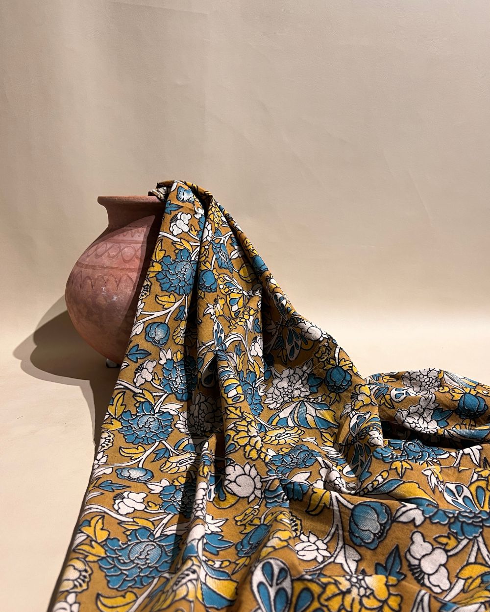 Hand Block Printed Cotton Kalamkari Mustard Yellow Colour 46 Inches Width