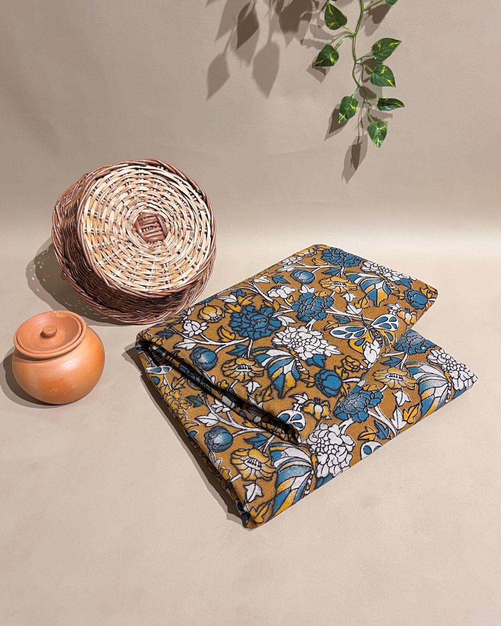 Hand Block Printed Cotton Kalamkari Mustard Yellow Colour 46 Inches Width