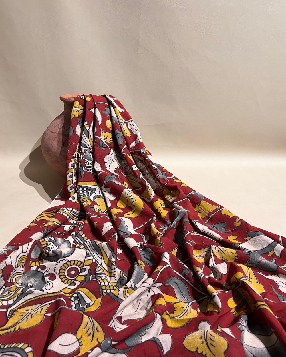 Hand Block Printed Cotton Kalamkari Maroon Colour 46 Inches Width