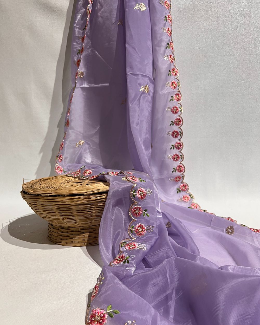 Premium Pure Soft Organza Work Dupatta Lavender Colour 40 Inches Width