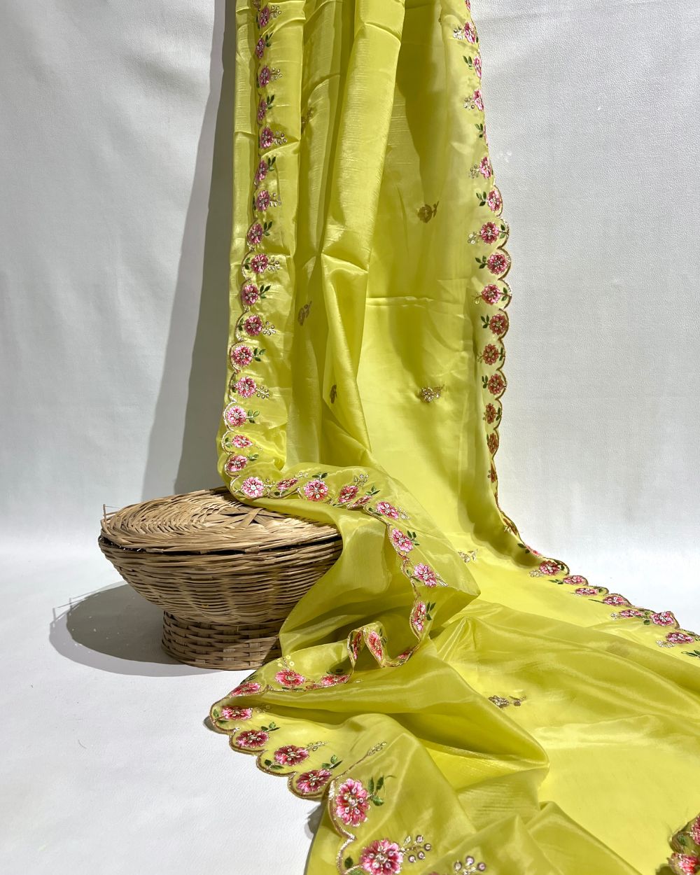 Premium Pure Soft Organza Work Dupatta Lemon Green Colour 40 Inches Width