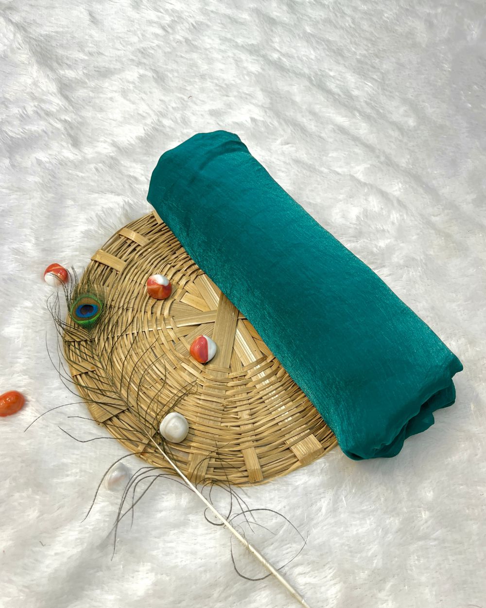 Space Satin Silk Saree Without Blouse Peacock Green Colour 44 Inches Width