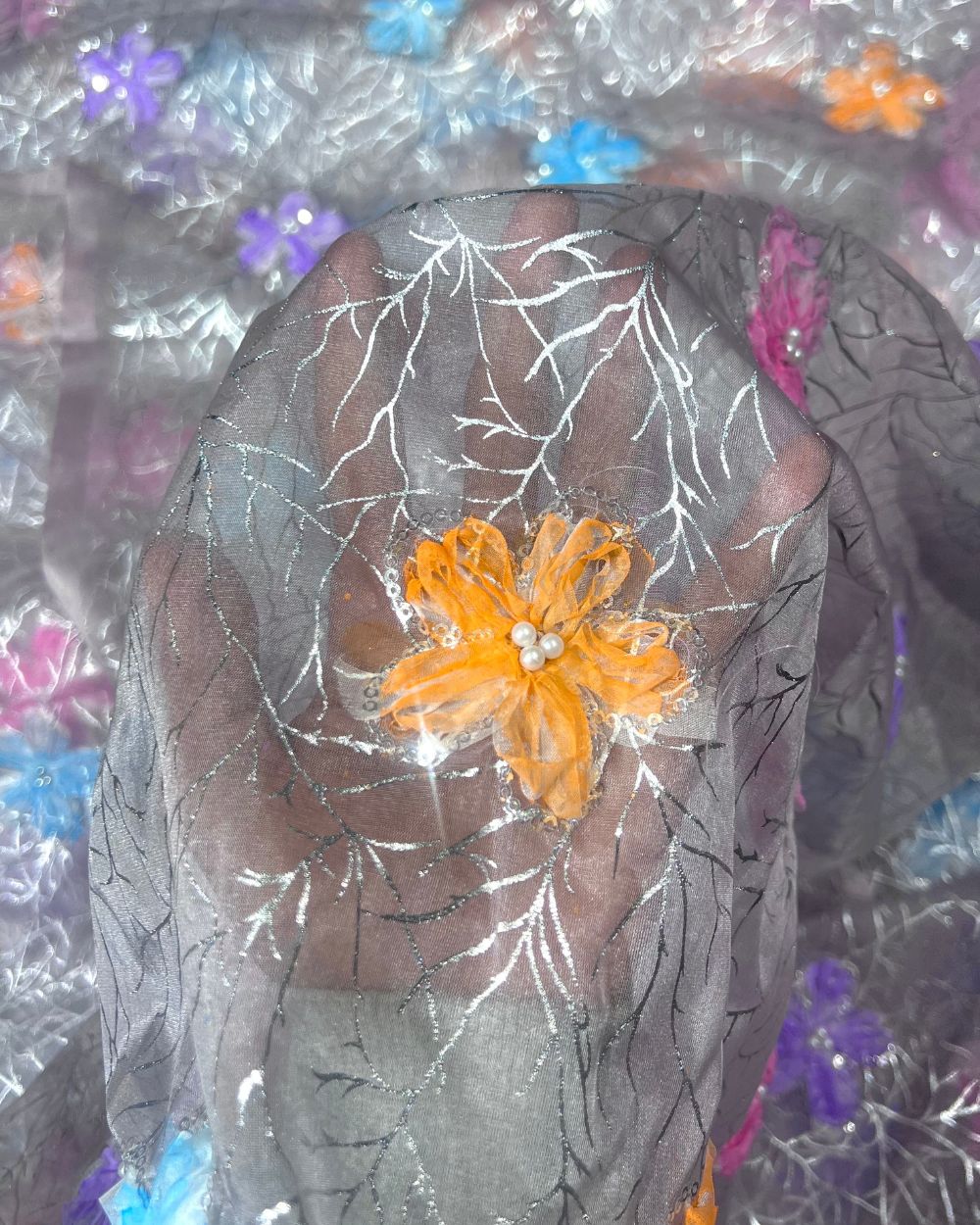 Premium Organza Work with Korean Foil Pastel Lavender Colour 45 Inches Width