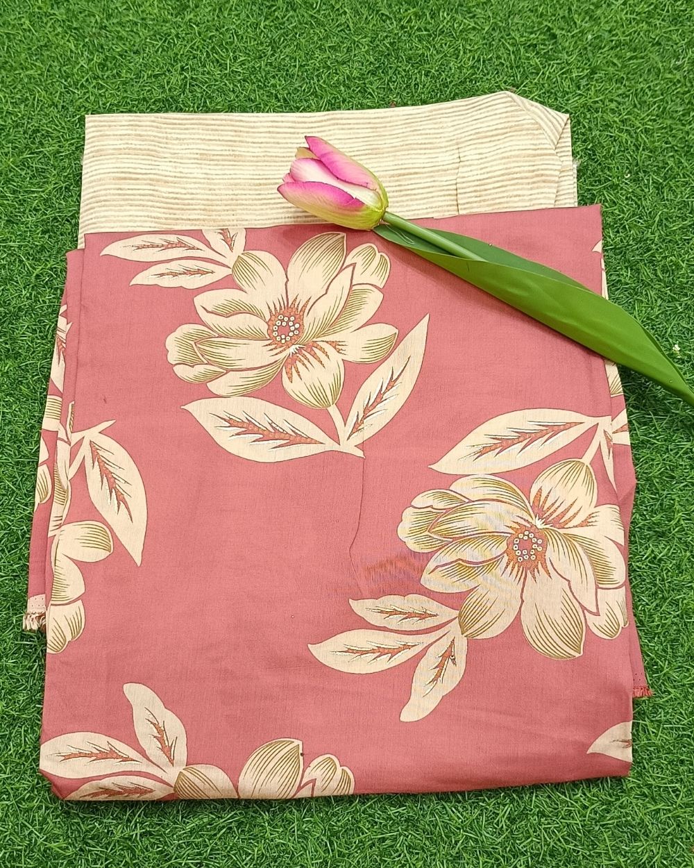 Printed Muslin Unstitched Top (2 mtr) & Bottom (2.45 mtr) Set Peach Pink Colour 42 Inches Width