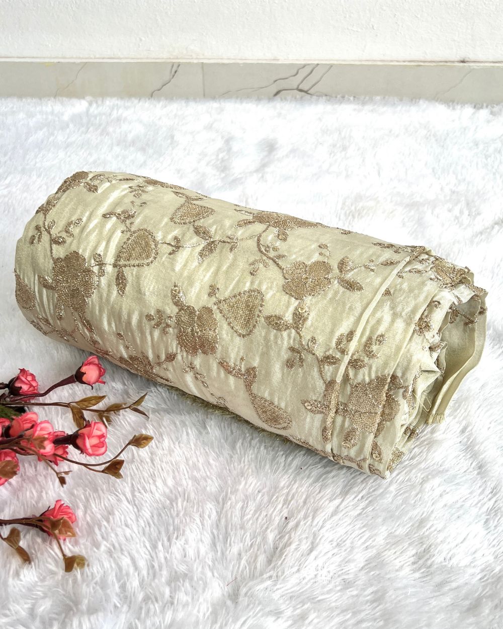 Dyeable Cosmos Work Golden Colour 45 Inches Width