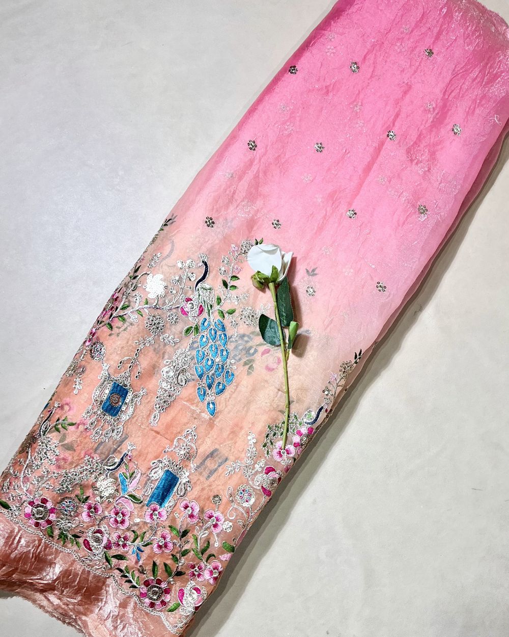 Shaded Space Silk with Border Work Peach Pink Colour 45 Inches Width
