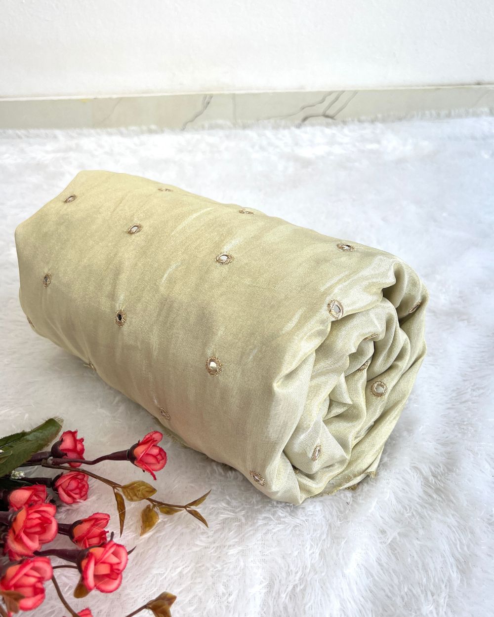 Dyeable Cosmos Work Golden Colour 46 Inches Width