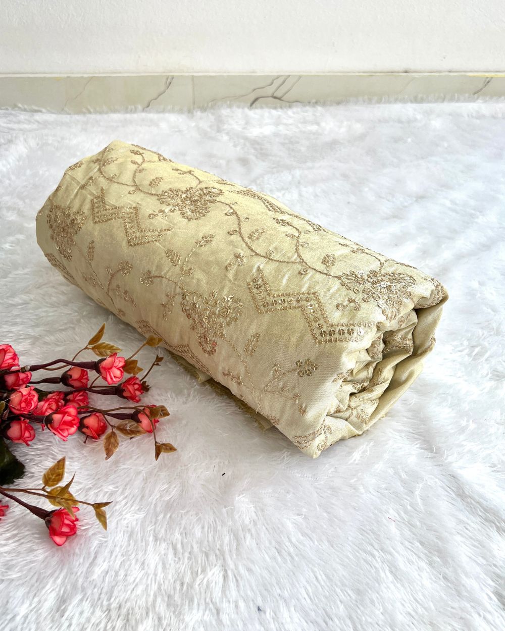 Dyeable Cosmos Work Golden Colour 45 Inches Width
