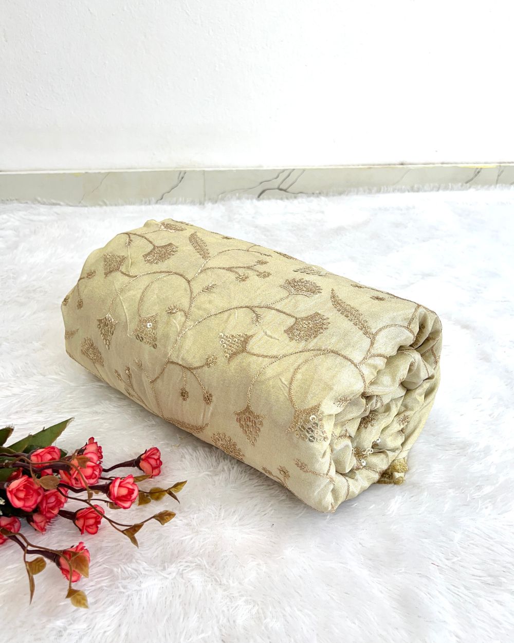 Dyeable Cosmos Work Golden Colour 46 Inches Width