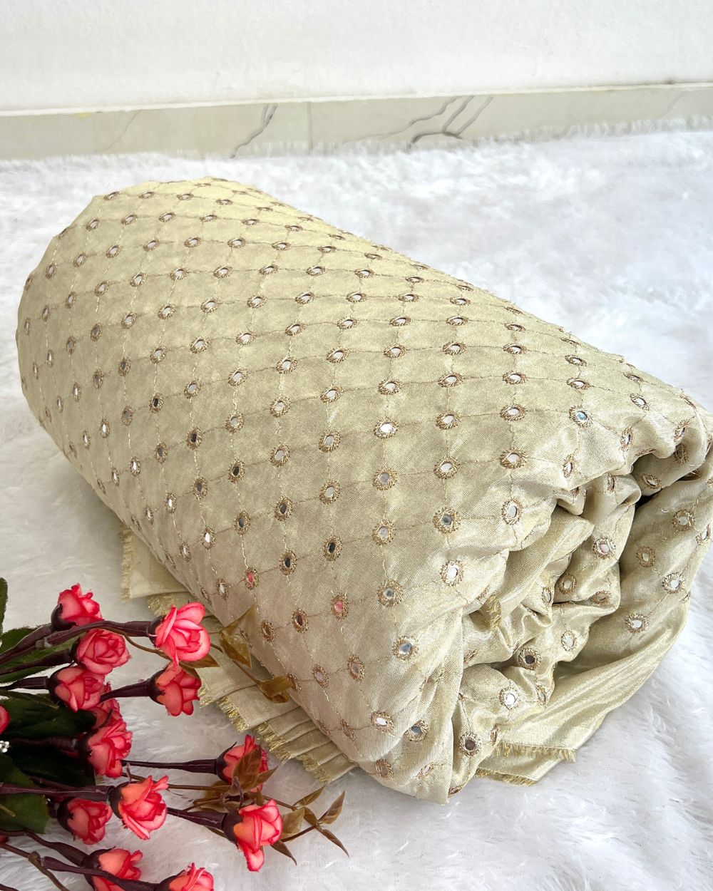 Dyeable Cosmos Work Golden Colour 44 Inches Width
