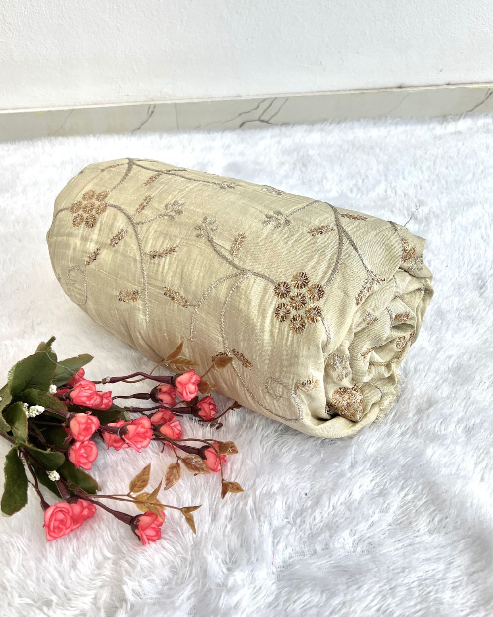Dyeable Cosmos Work Golden Colour 45 Inches Width