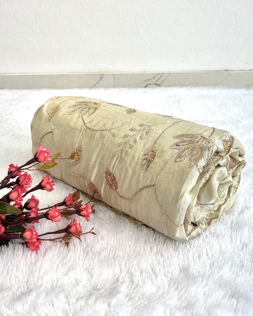 Dyeable Cosmos Work Golden Colour 44 Inches Width