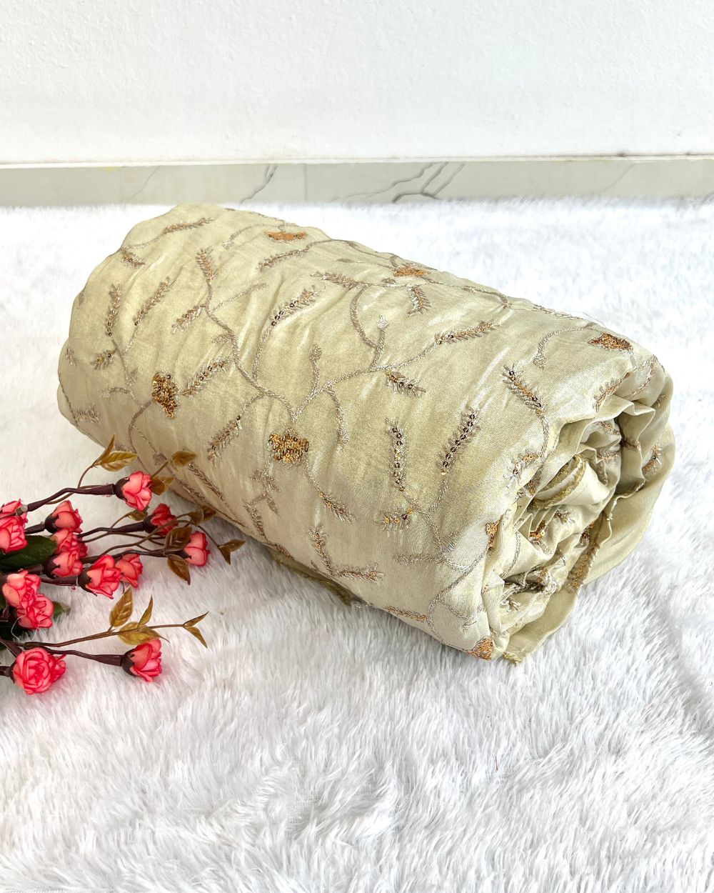 Dyeable Cosmos Work Golden Colour 44 Inches Width