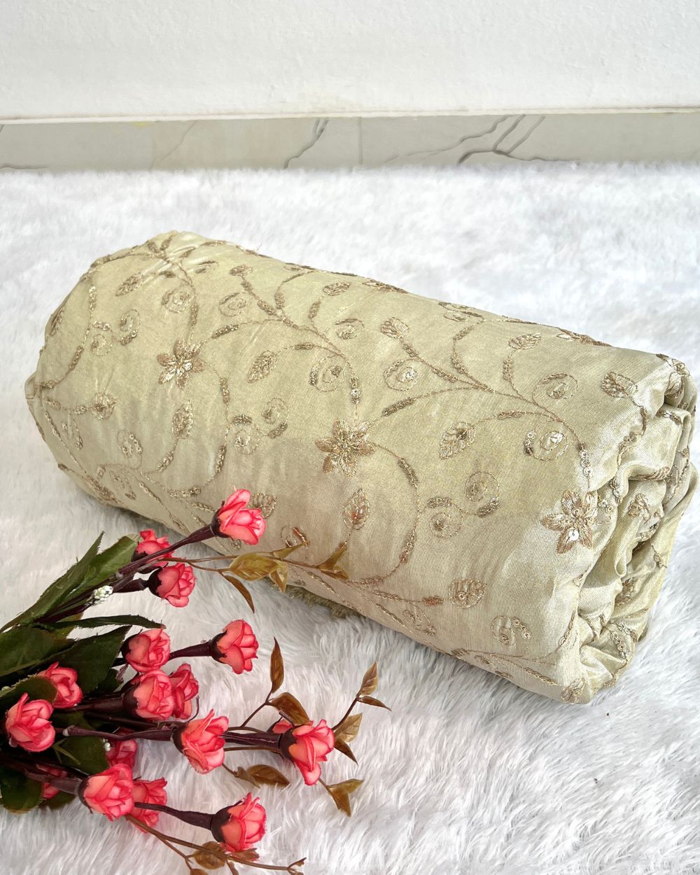 Dyeable Cosmos Work Golden Colour 44 Inches Width