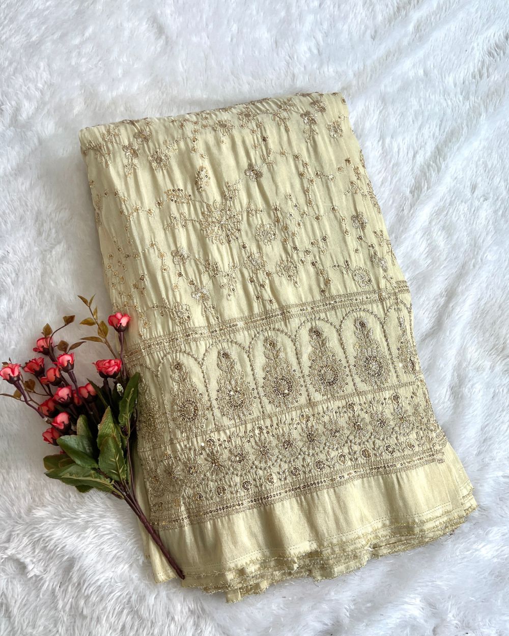 Dyeable Cosmos Border Work Golden Colour 45 Inches Width