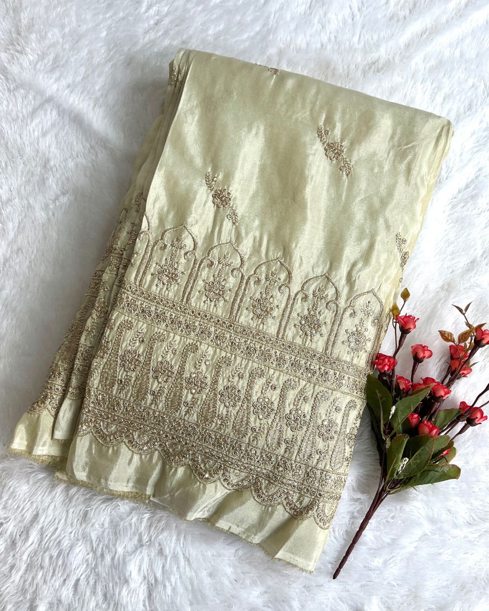 Dyeable Cosmos Border Work Golden Colour 45 Inches Width