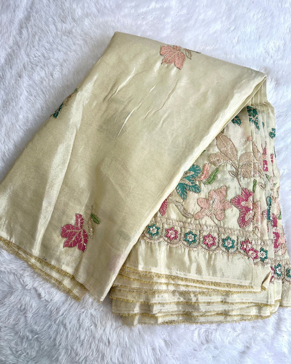 Cosmos Border Work Golden Colour 44 Inches Width