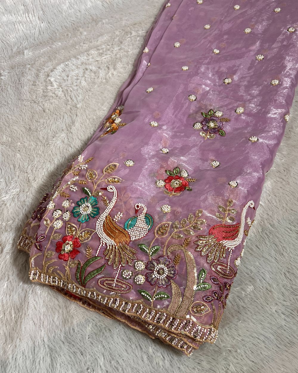 Glossy Space Silk with Border Work Lavender Colour 42 Inches Width