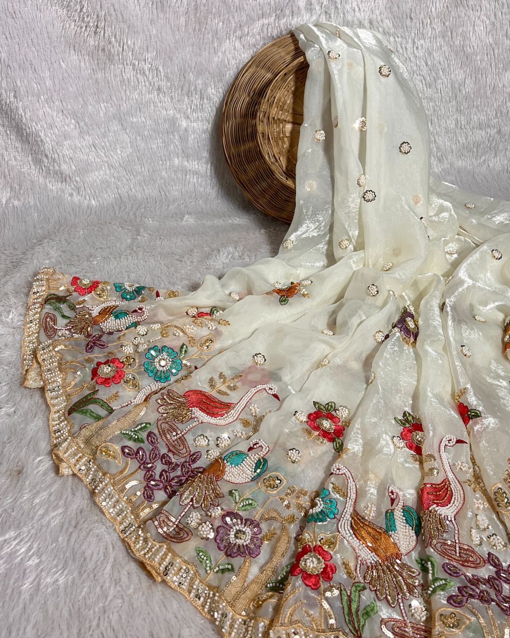 Glossy Space Silk with Border Work Moti White Colour 42 Inches Width