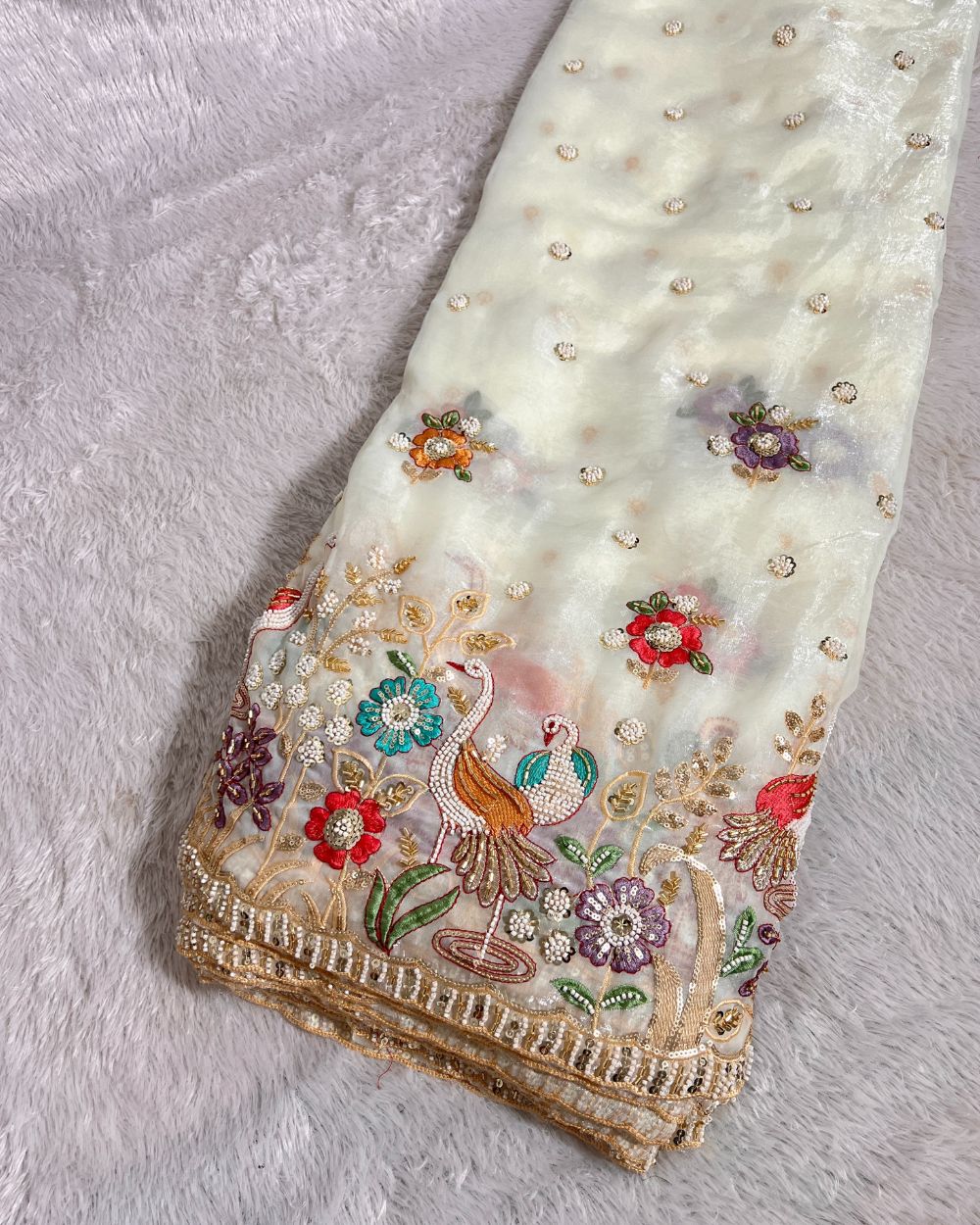 Glossy Space Silk with Border Work Moti White Colour 42 Inches Width