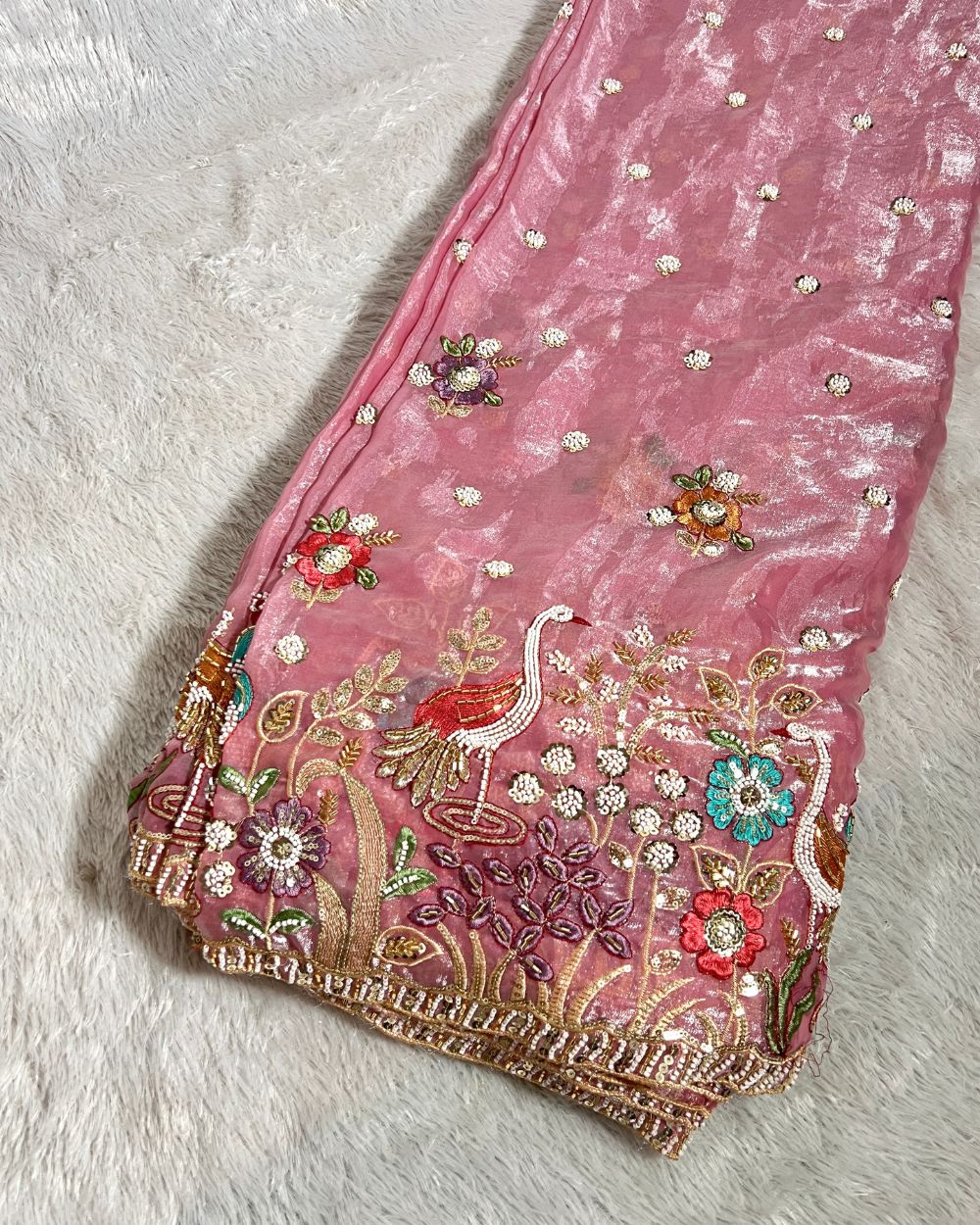 Glossy Space Silk with Border Work Blush Pink Colour 42 Inches Width