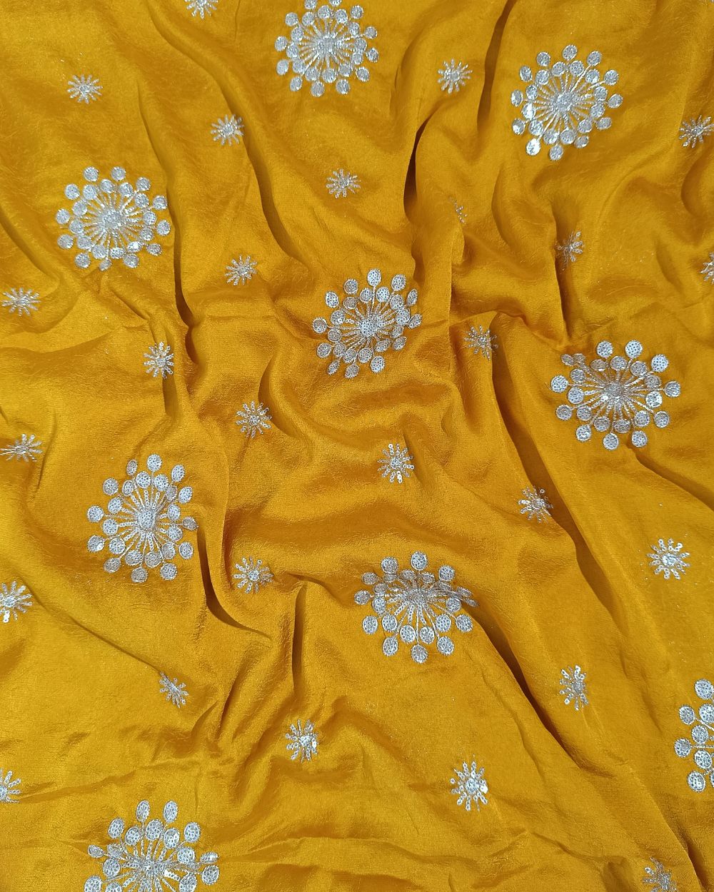 Rangoli Crush Silk Work Mustard Yellow Colour 44 Inches Width