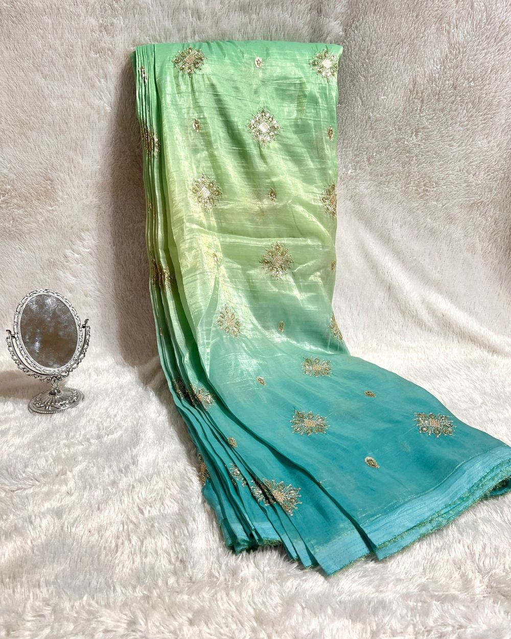 Shaded Gold Crush Work Turquoise Colour 46 Inches Width