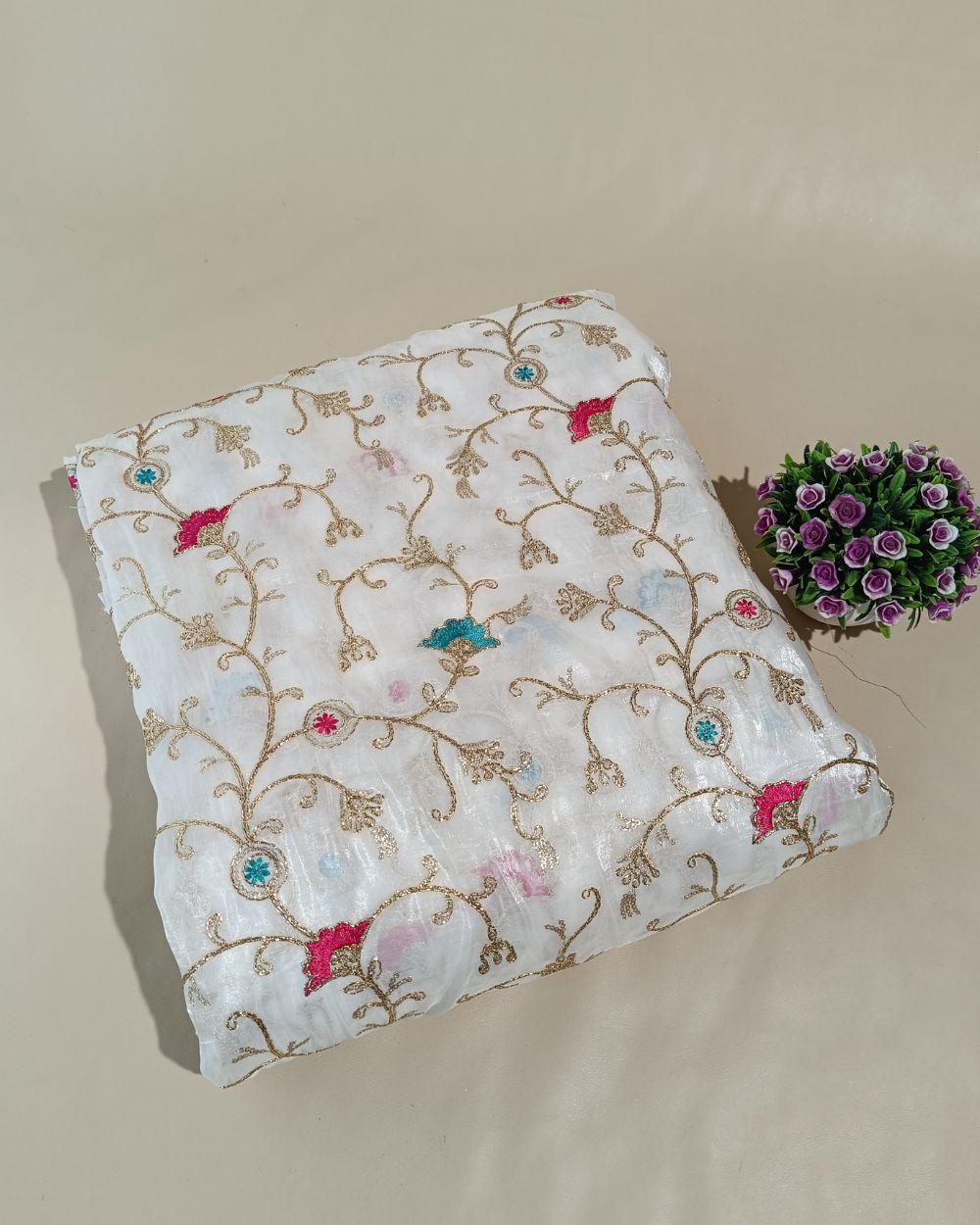 Gold Crush Work White Colour 46 Inches Width