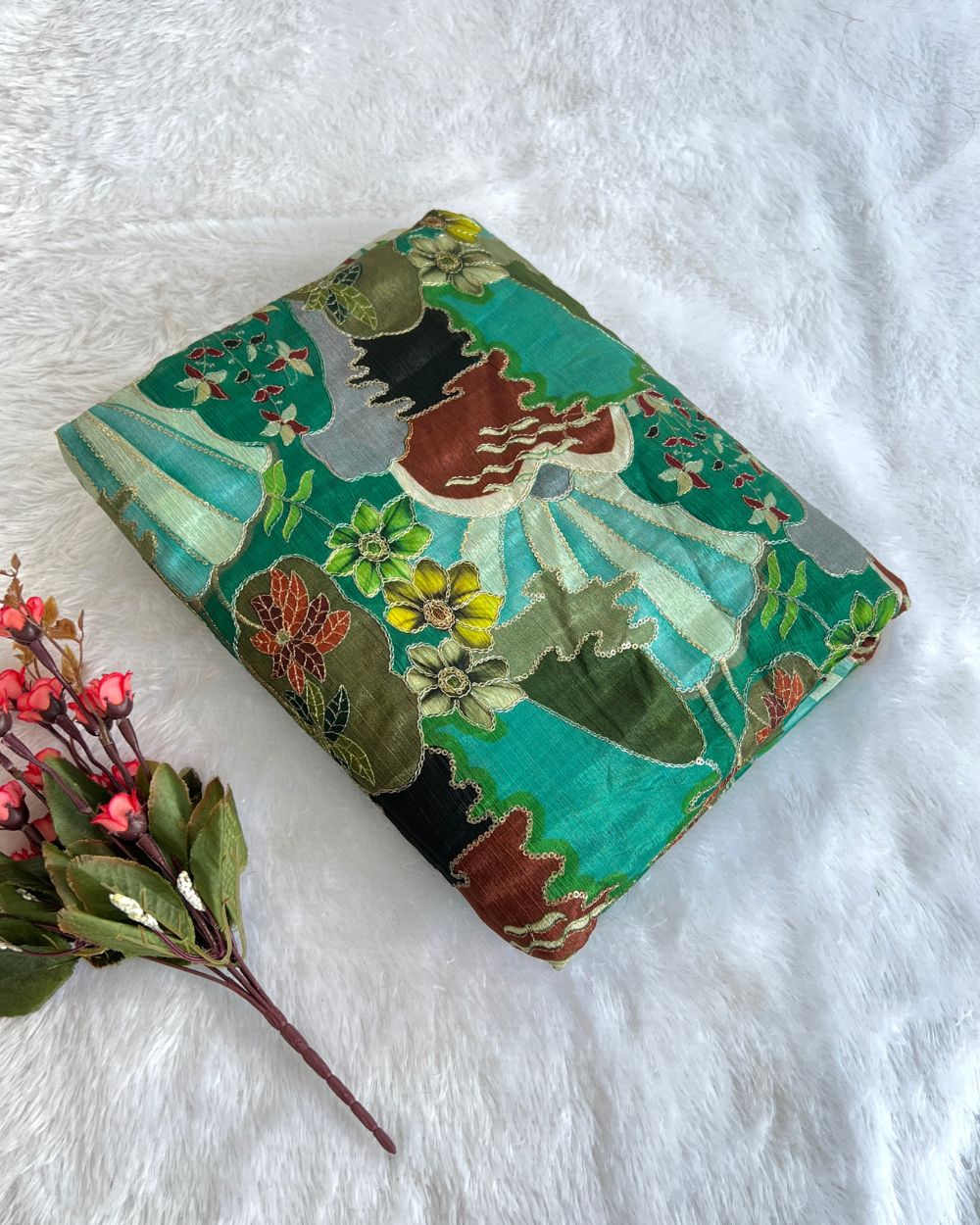 Chinnon Work Cream Peacock Green Colour 44 Inches Width