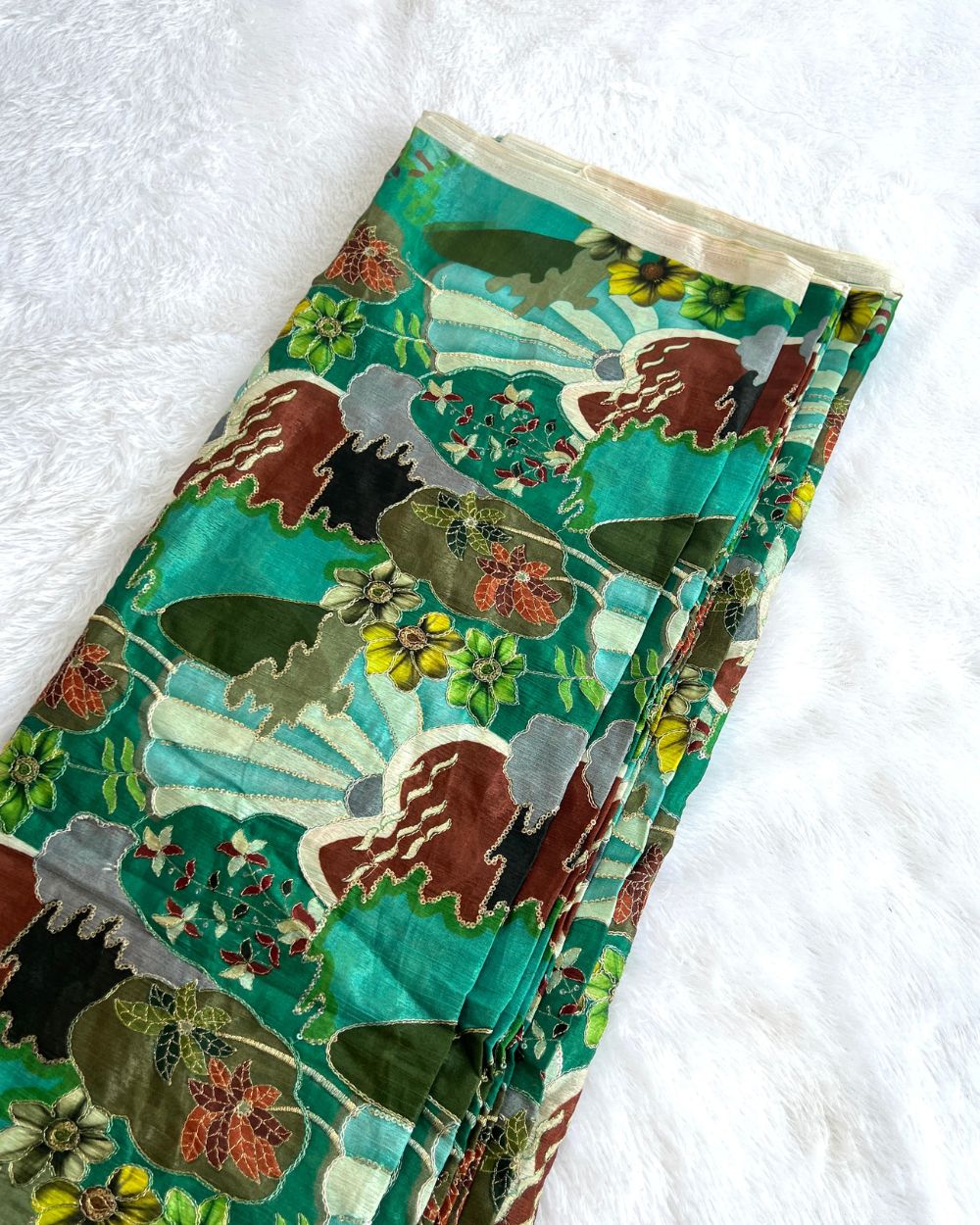 Chinnon Work Cream Peacock Green Colour 44 Inches Width