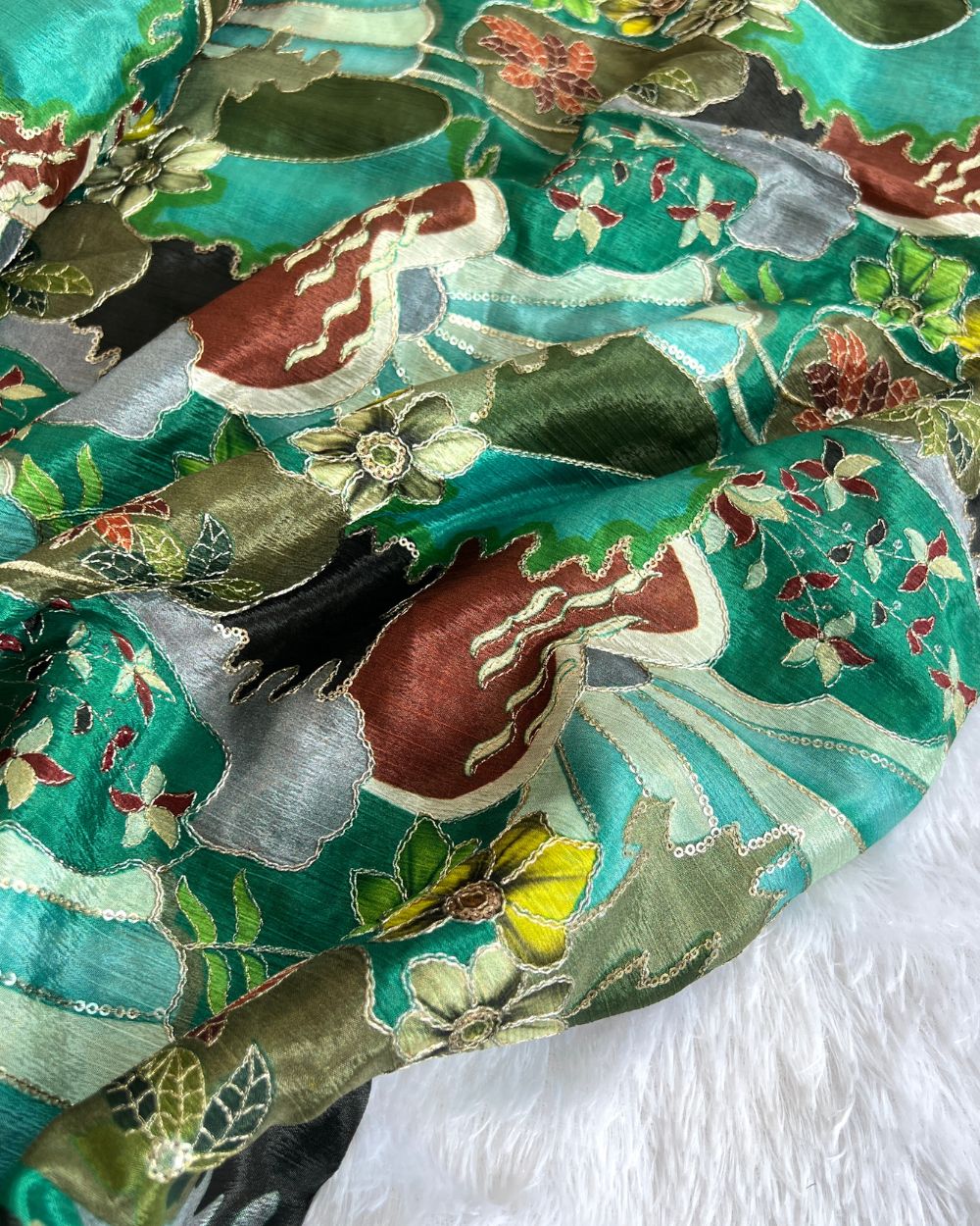 Chinnon Work Cream Peacock Green Colour 44 Inches Width