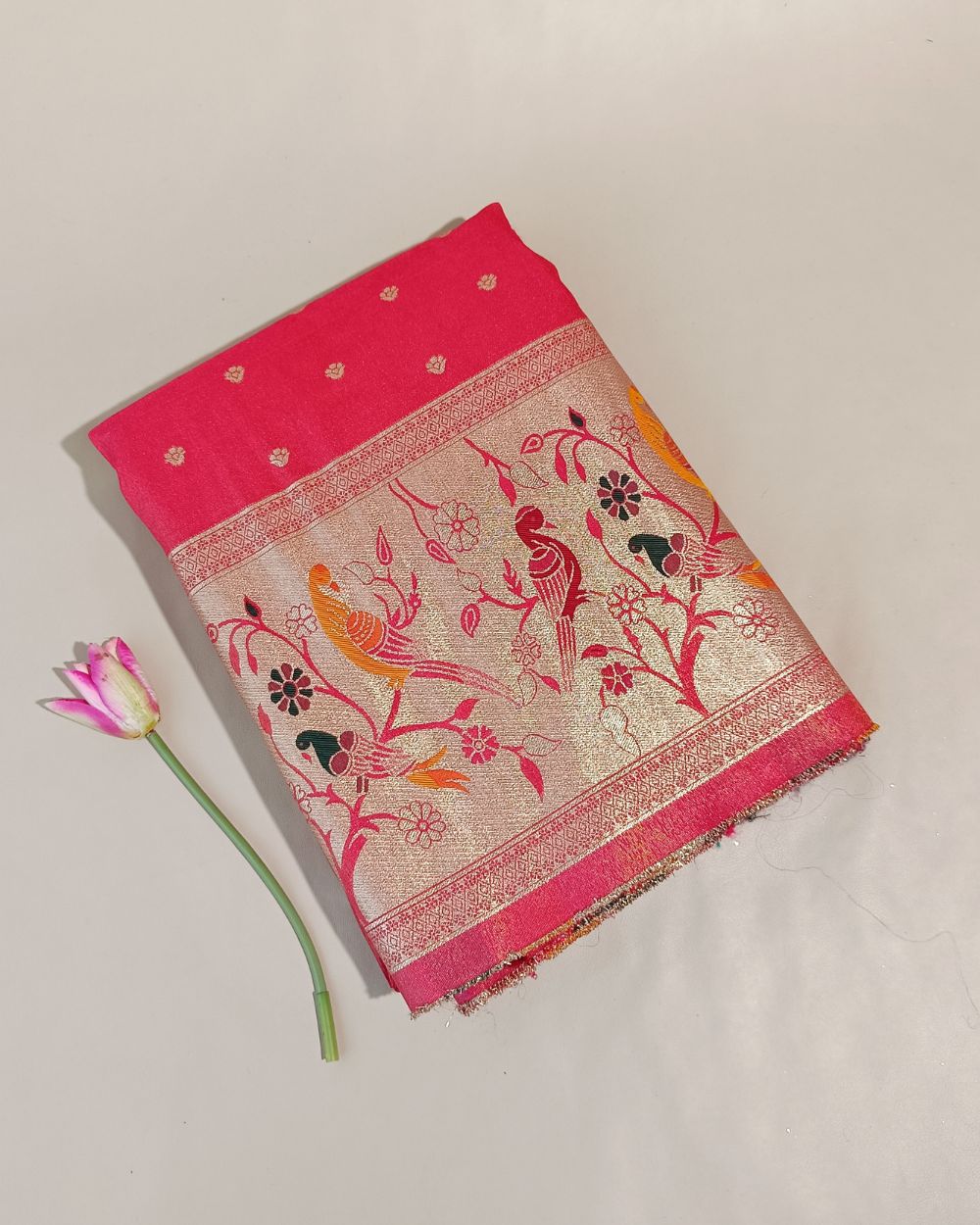 Cosmos Zari Work with Paithani Border Peach Colour 42 Inches Width