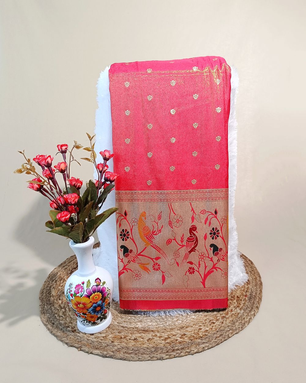 Cosmos Zari Work with Paithani Border Peach Colour 42 Inches Width
