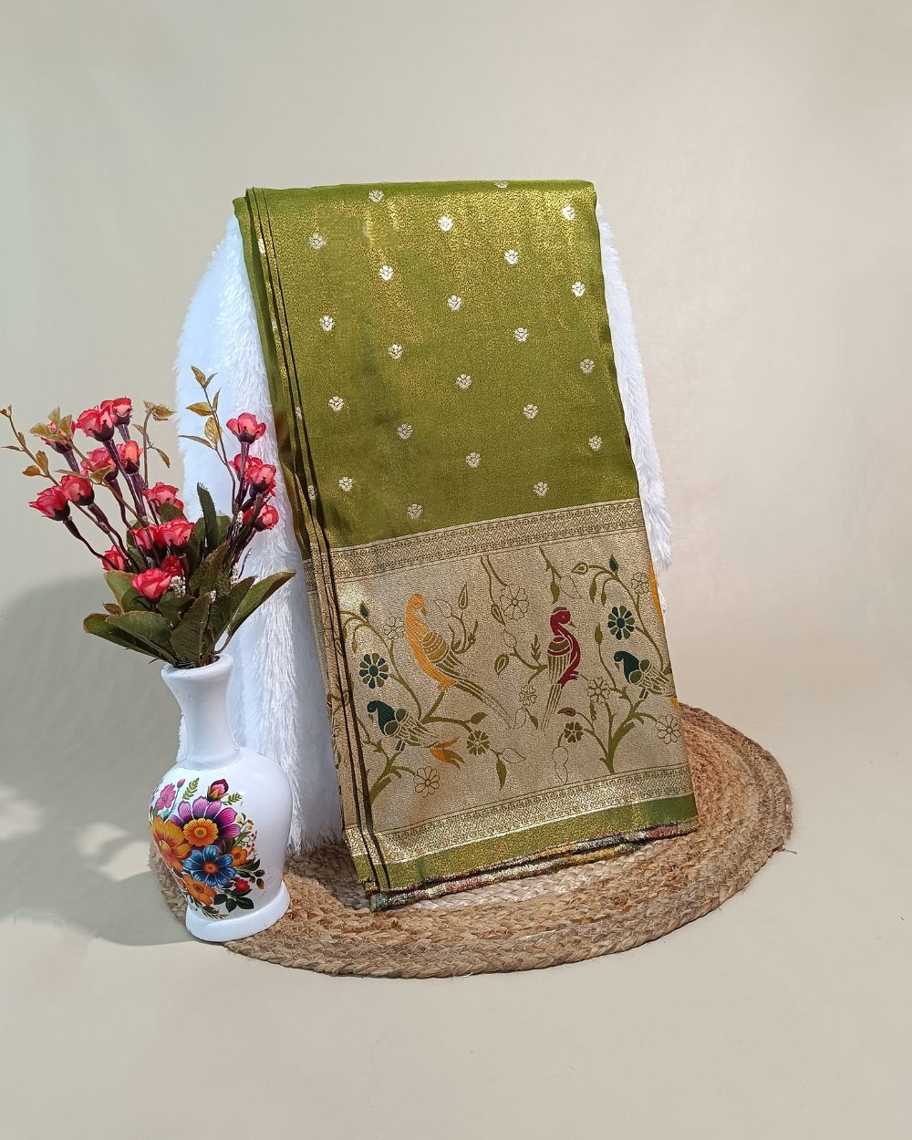 Cosmos Zari Work with Paithani Border Mehandi Green Colour 42 Inches Width