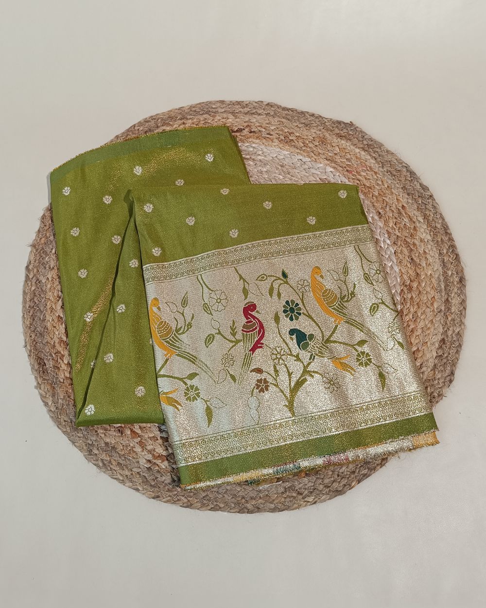 Cosmos Zari Work with Paithani Border Mehandi Green Colour 42 Inches Width