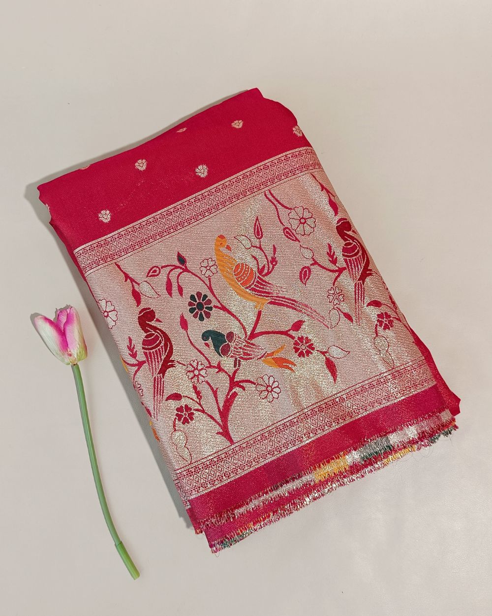 Cosmos Zari Work with Paithani Border Pinkish Red Colour 42 Inches Width