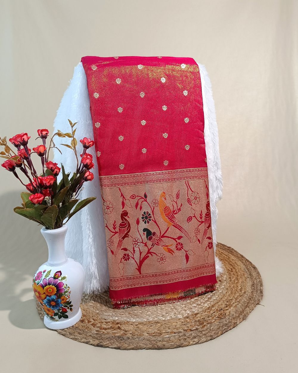 Cosmos Zari Work with Paithani Border Pinkish Red Colour 42 Inches Width