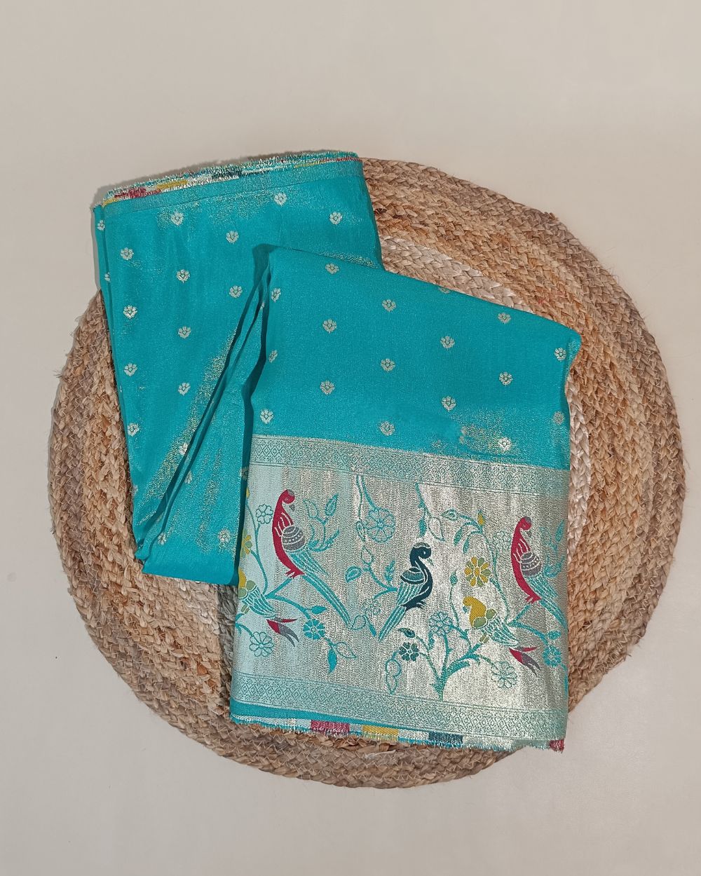 Cosmos Zari Work with Paithani Border Sky Blue Colour 42 Inches Width