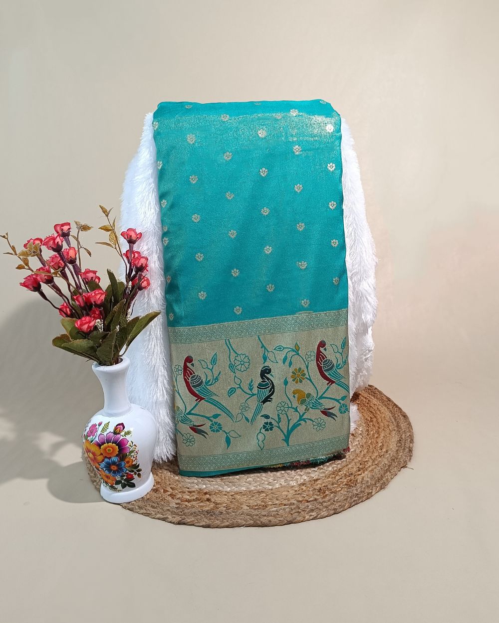 Cosmos Zari Work with Paithani Border Sky Blue Colour 42 Inches Width