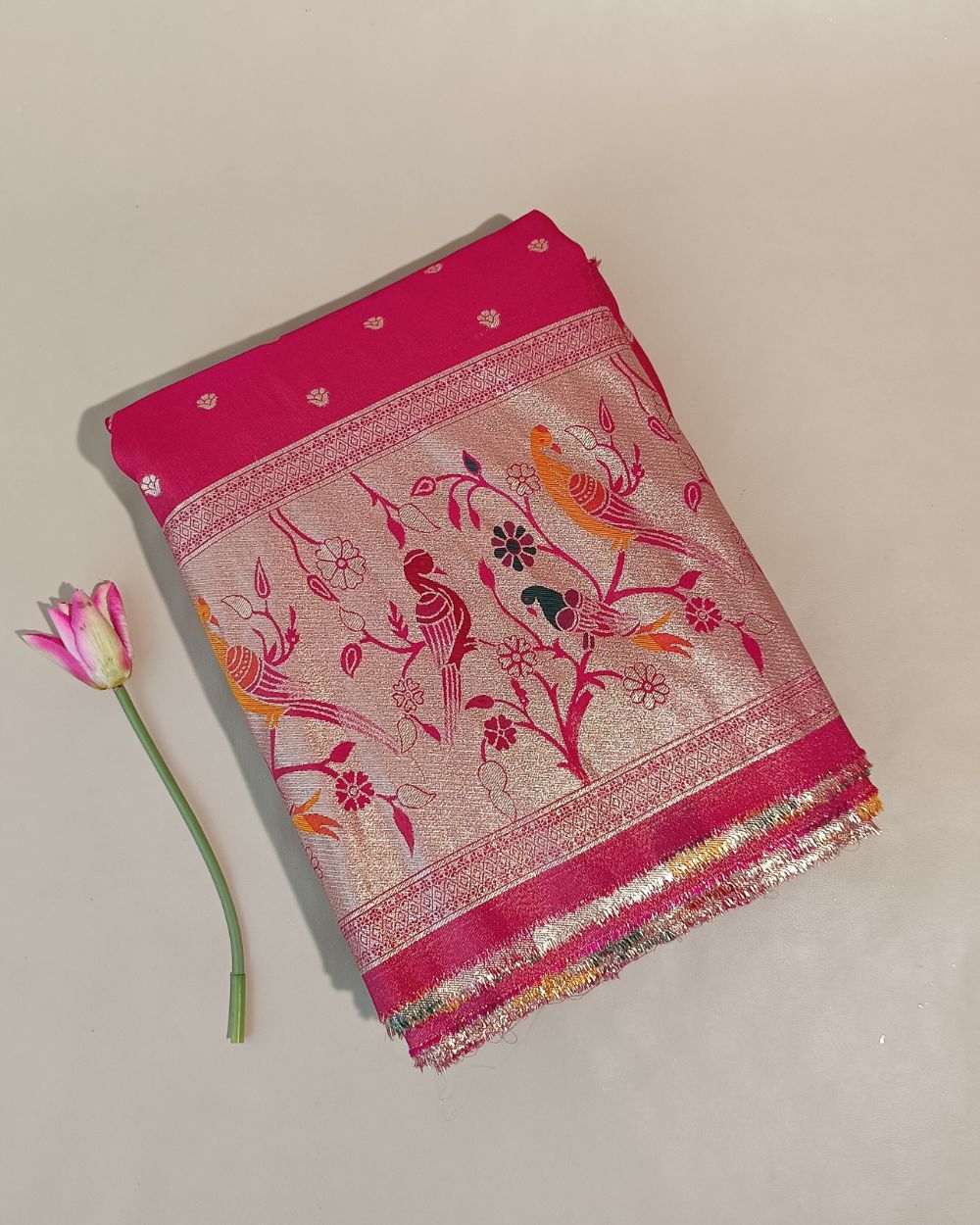 Cosmos Zari Work with Paithani Border Pink Colour 42 Inches Width