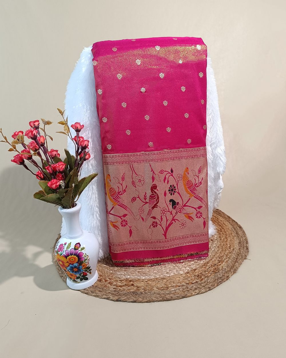 Cosmos Zari Work with Paithani Border Pink Colour 42 Inches Width