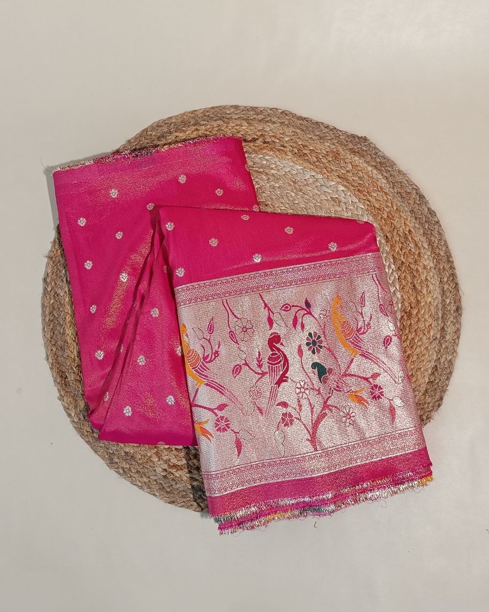 Cosmos Zari Work with Paithani Border Pink Colour 42 Inches Width