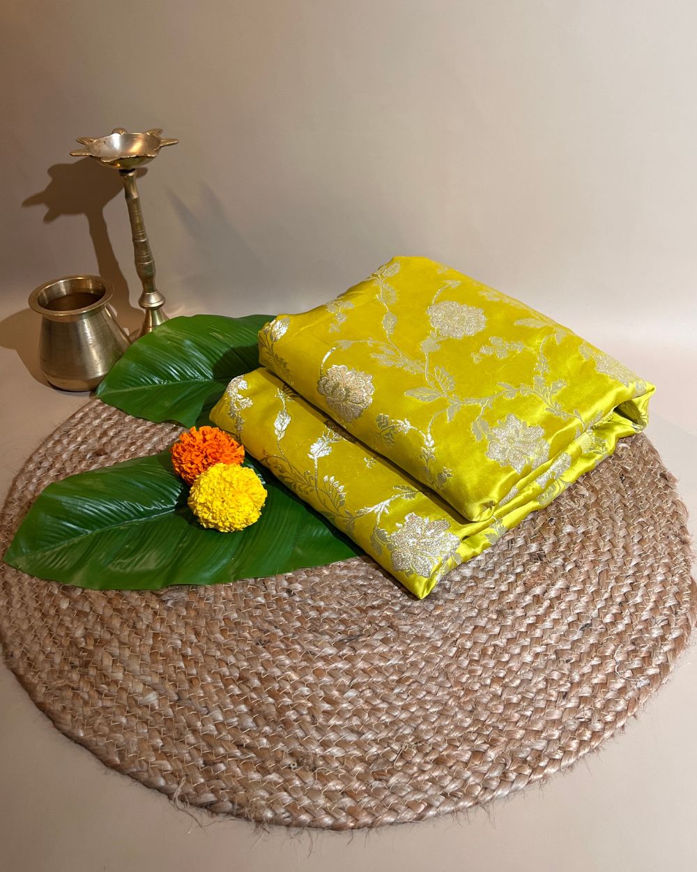 Premium Dola Silk Banarasi Neon Lime Green Colour 44 Inches Width