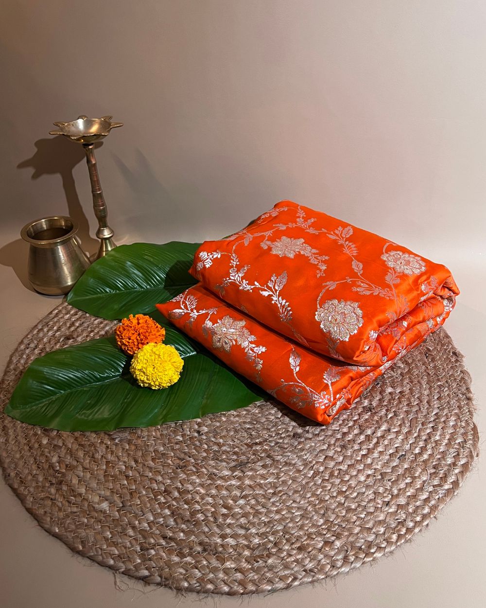 Premium Dola Silk Banarasi Bright Orange Colour 44 Inches Width