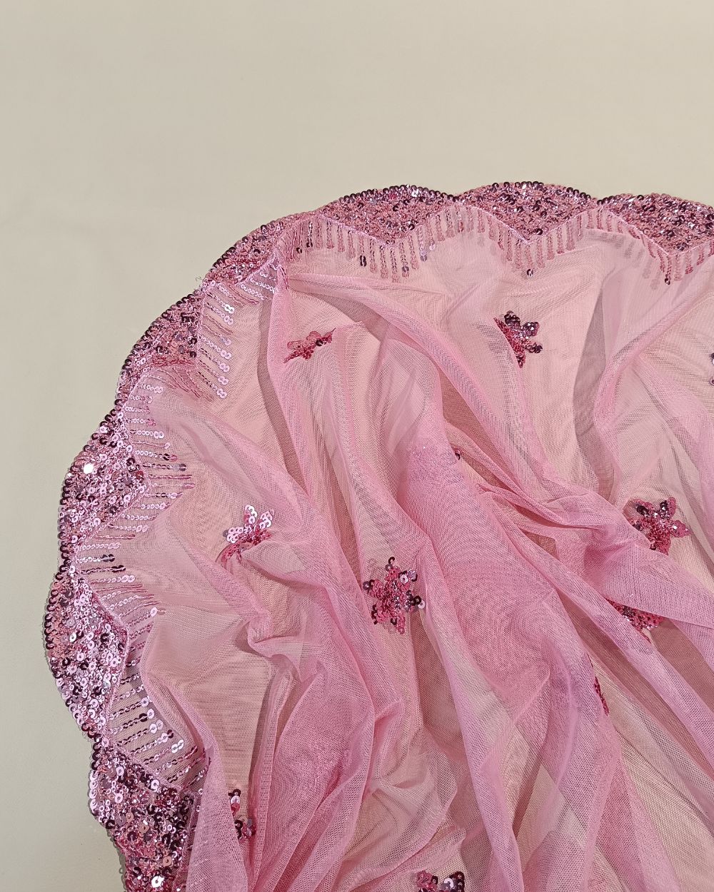 Net Work with Cutwork Border Peach Pink Colour 44 Inches Width