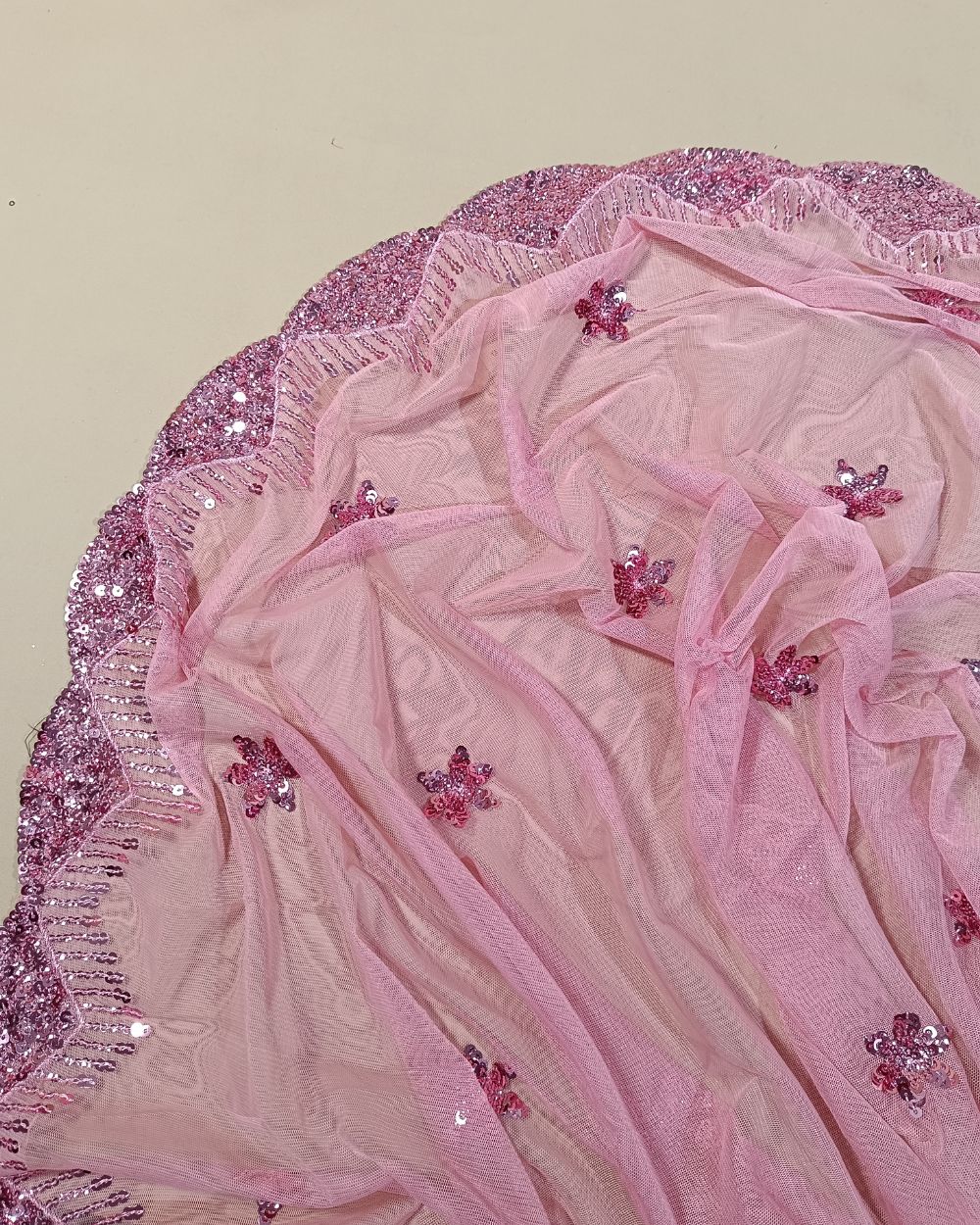 Net Work with Cutwork Border Peach Pink Colour 44 Inches Width